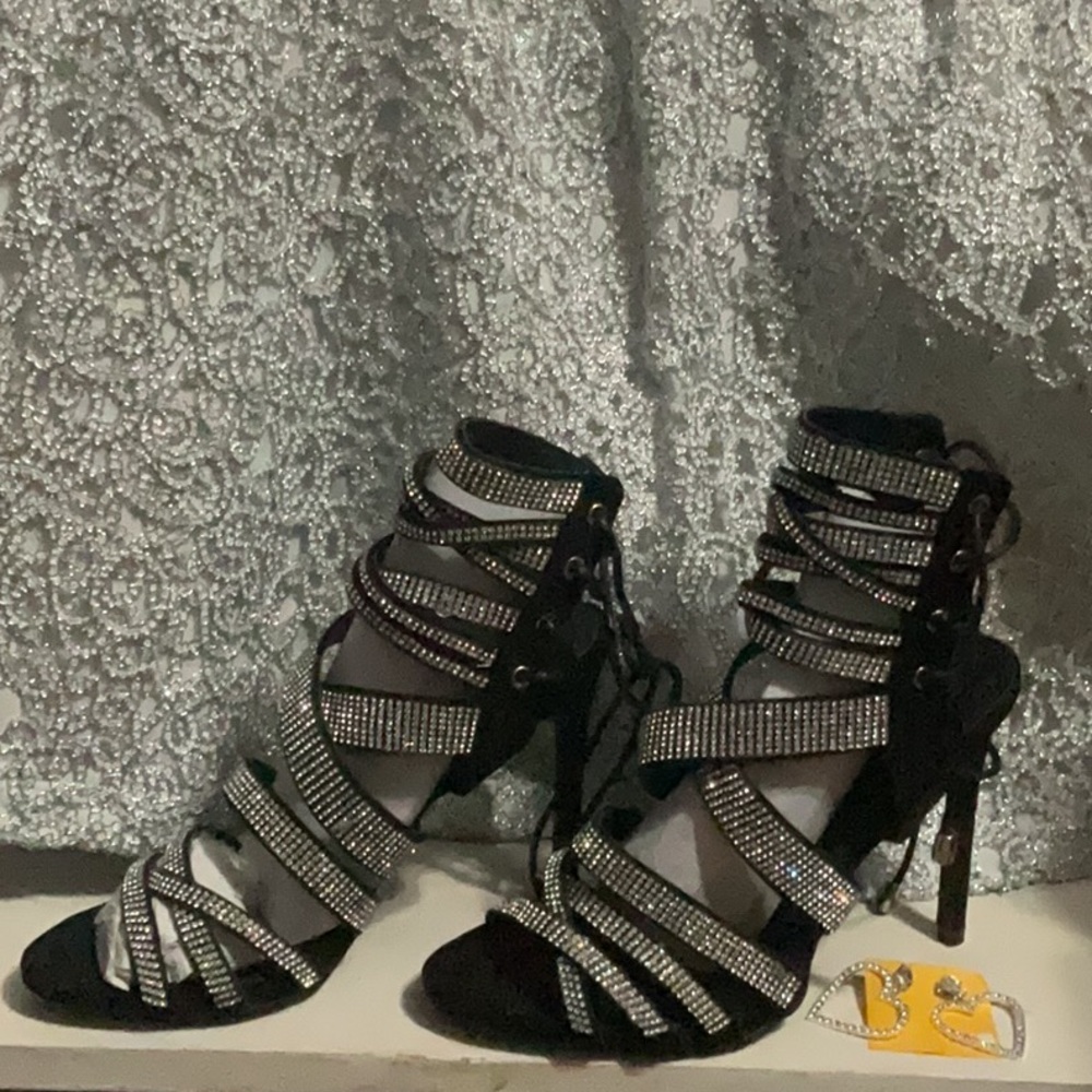 Elegant Black Strappy Heels with Rhinestone Detailing
